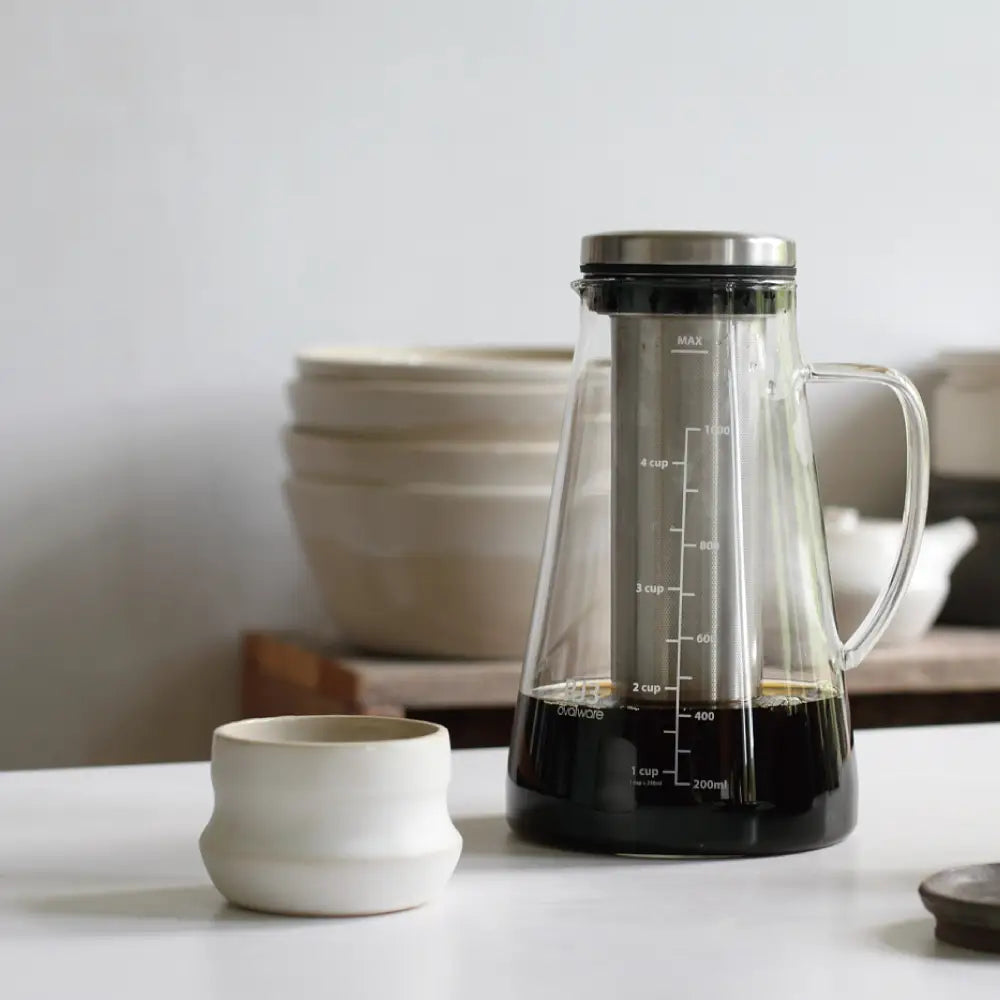 Ovalware Cold Brew Maker Eco-Friendly - Sustainable coffee brewing meets coffee bar franchise luxury at White Horse Coffee Roasters.